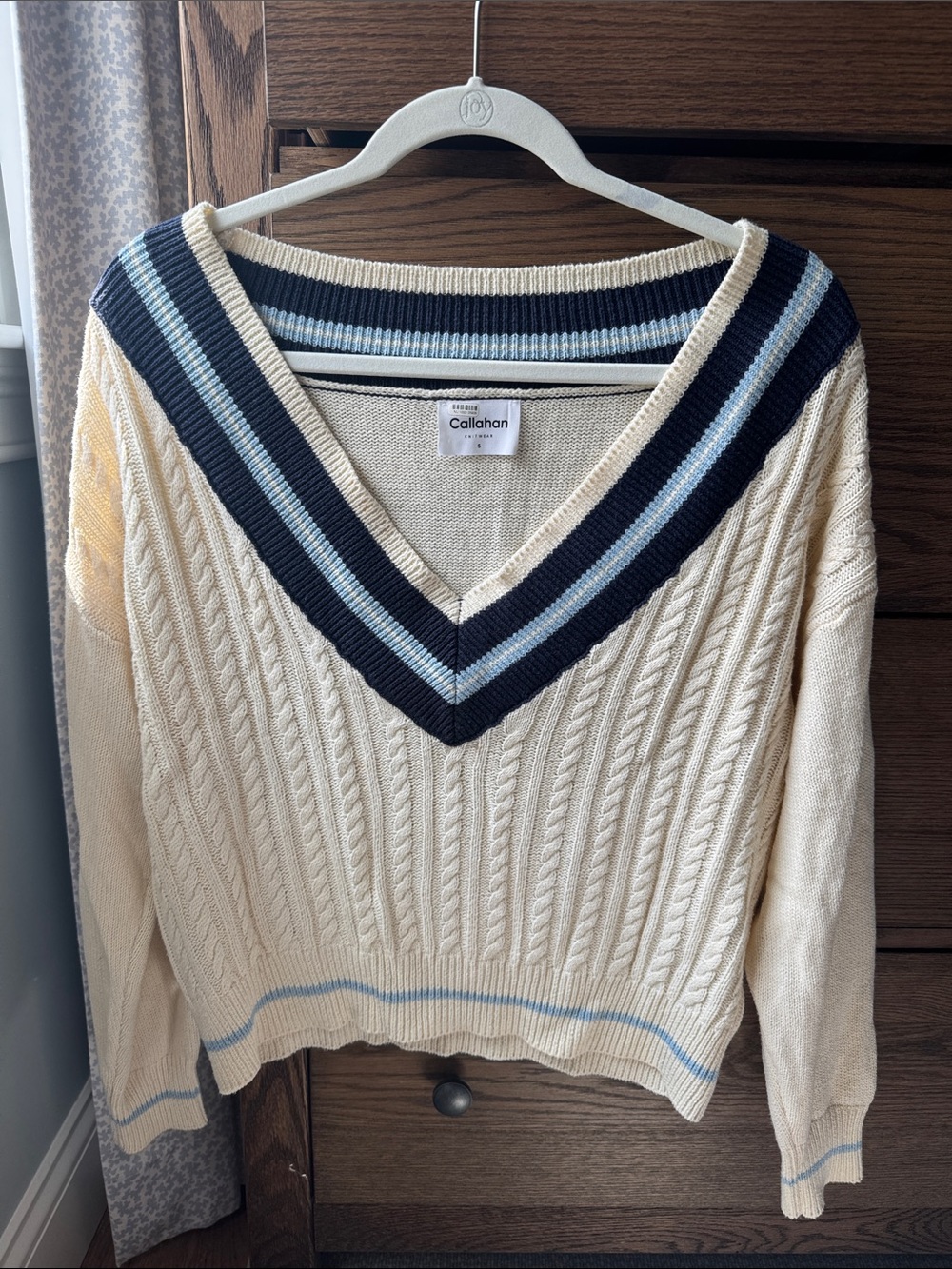 Callahan Cream Cable V-Neck Sweater with Navy and Light Blue Trim